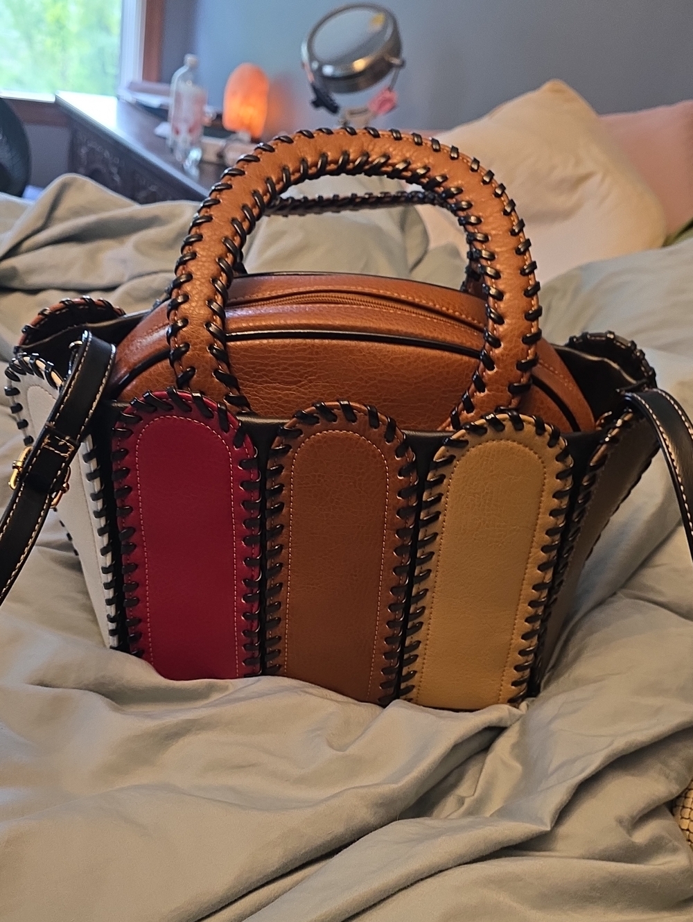 Wild Fable Whipstitch Handle Satchel Bag Brown & Red Like New